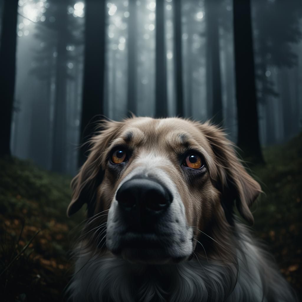 Cinematic Close-Up of Dog in Misty Forest