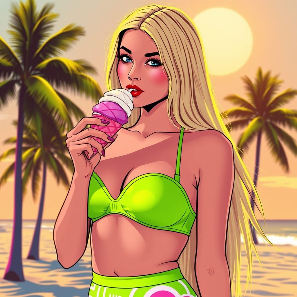 Stunning Beach Goddess in Neon 80s Style