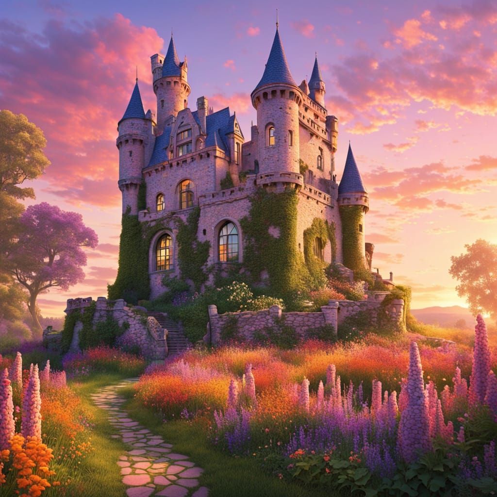 Whimsical Fairy Tale Castle in Retro Comic Book Style