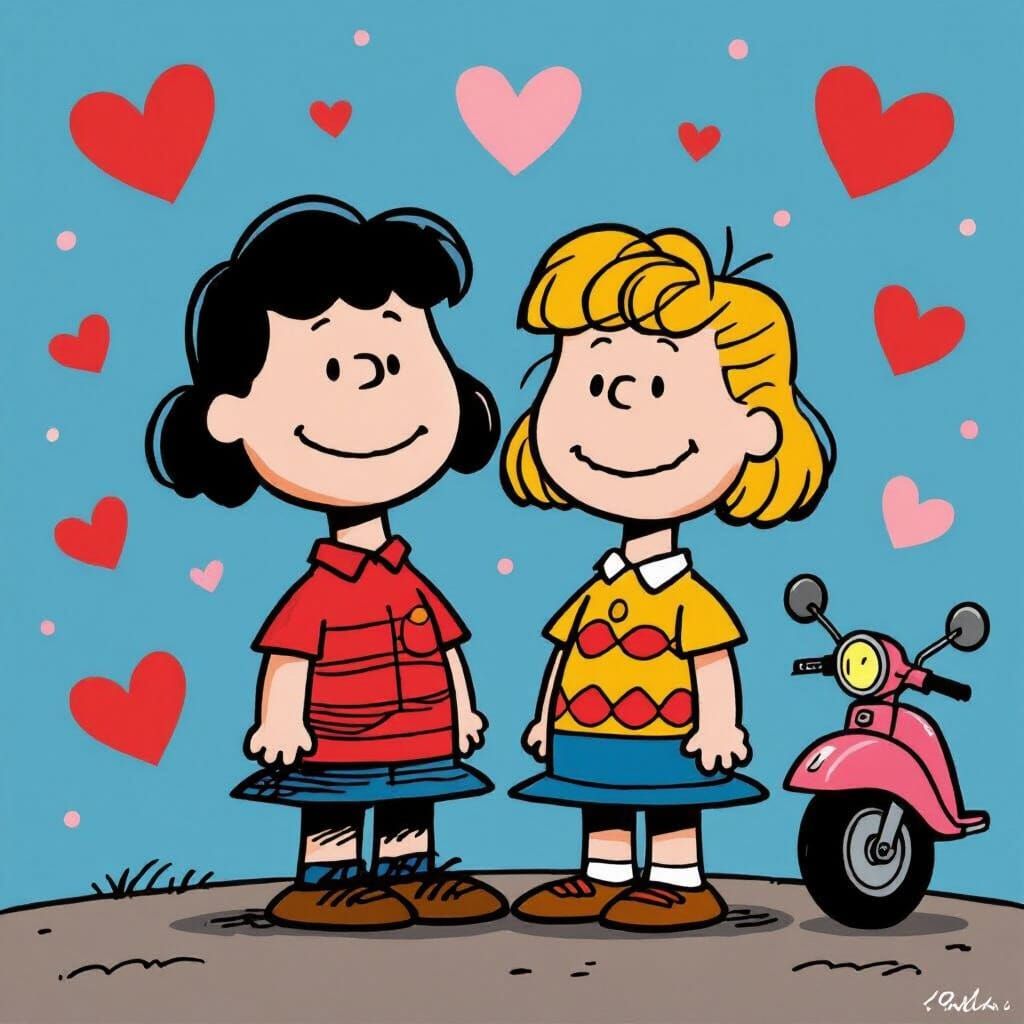 Peanuts Style Characters with Motorcycle and Hearts