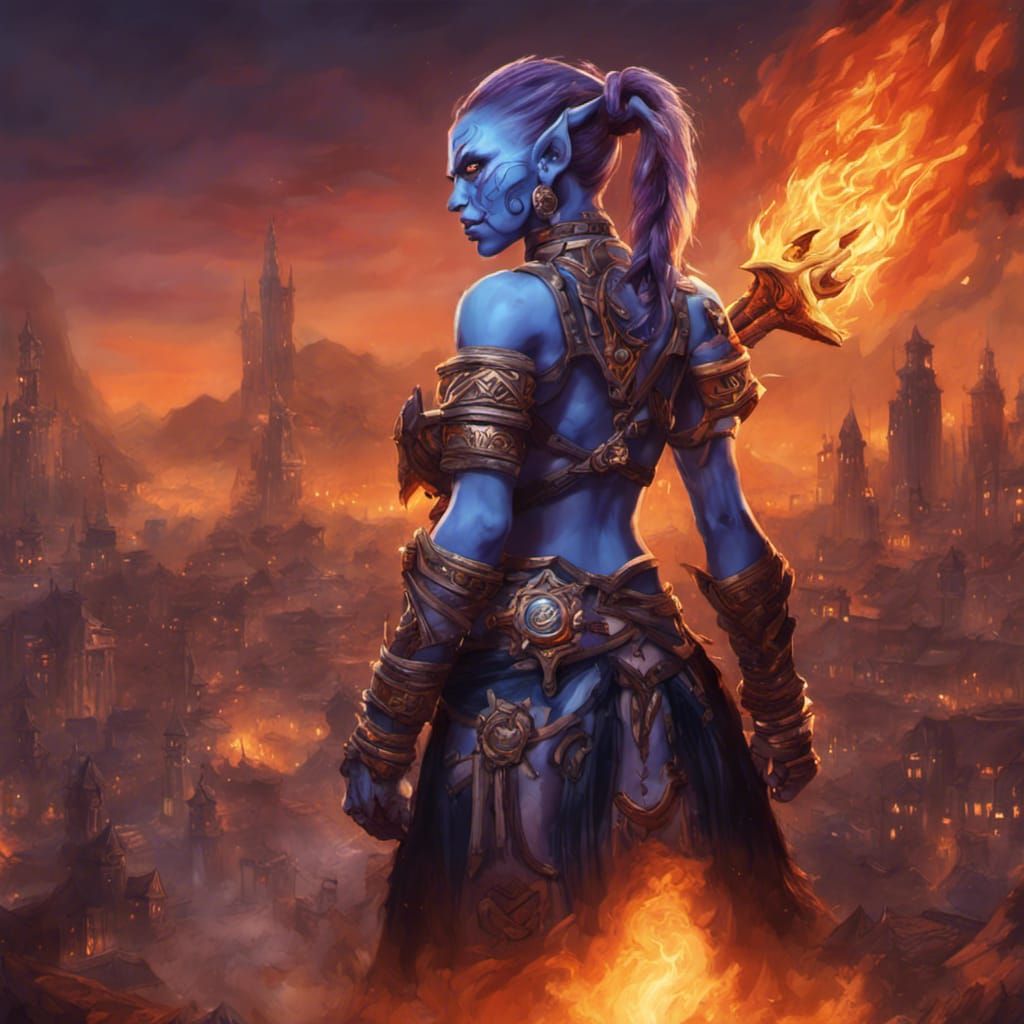WoW Draenei Shaman in Burning City, Fantasy Art
