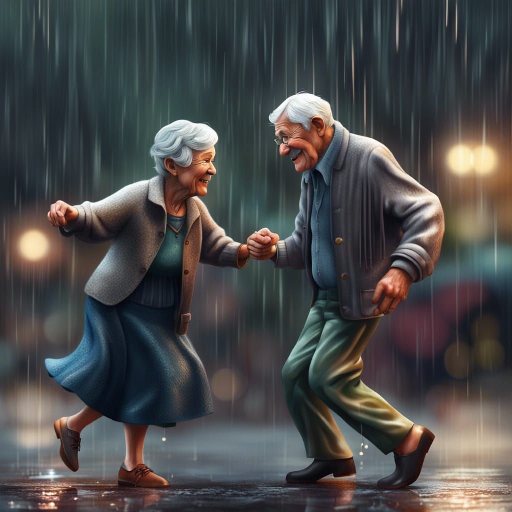 Hyperrealistic Old Couple Dancing in the Rain