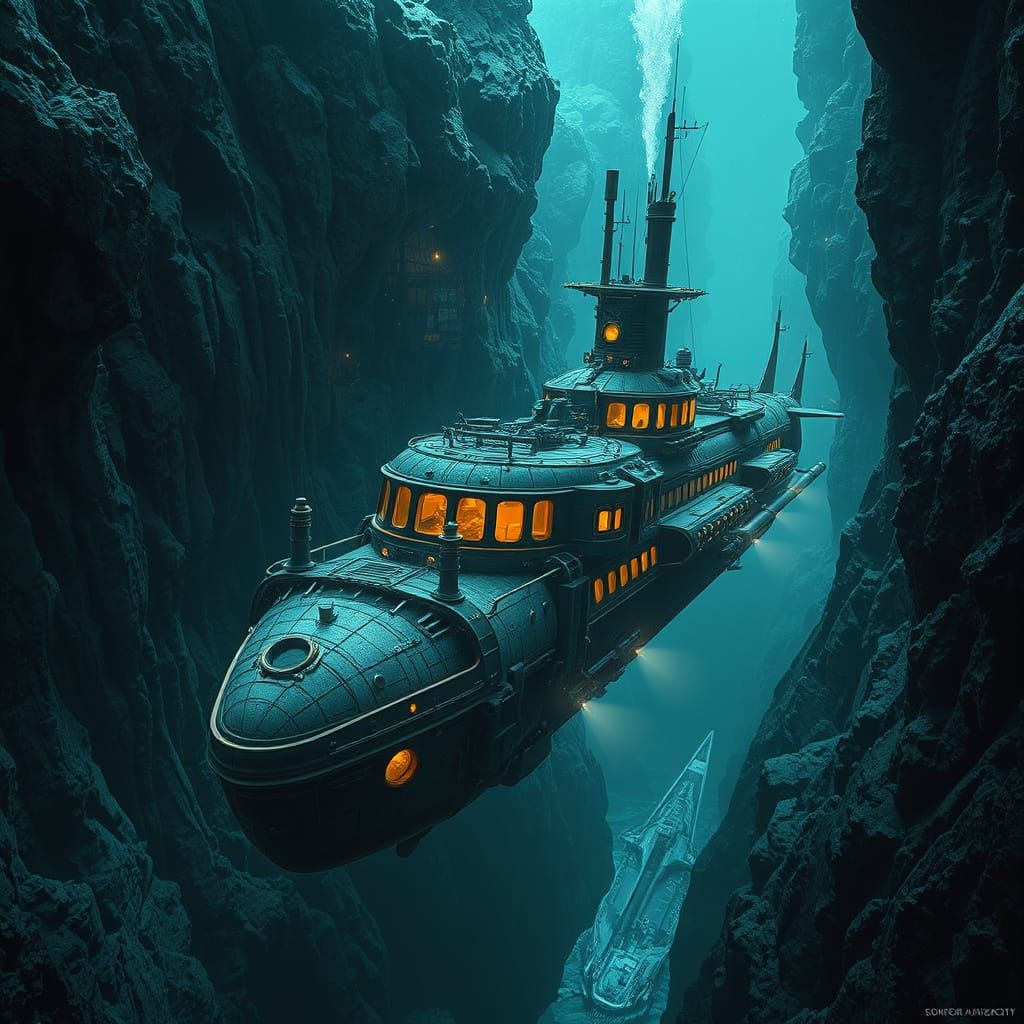 Steampunk Submarine in Underwater City Concept Art
