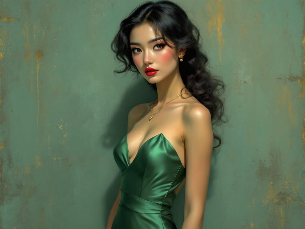 1950s Pin Up Woman in Green Satin Dress