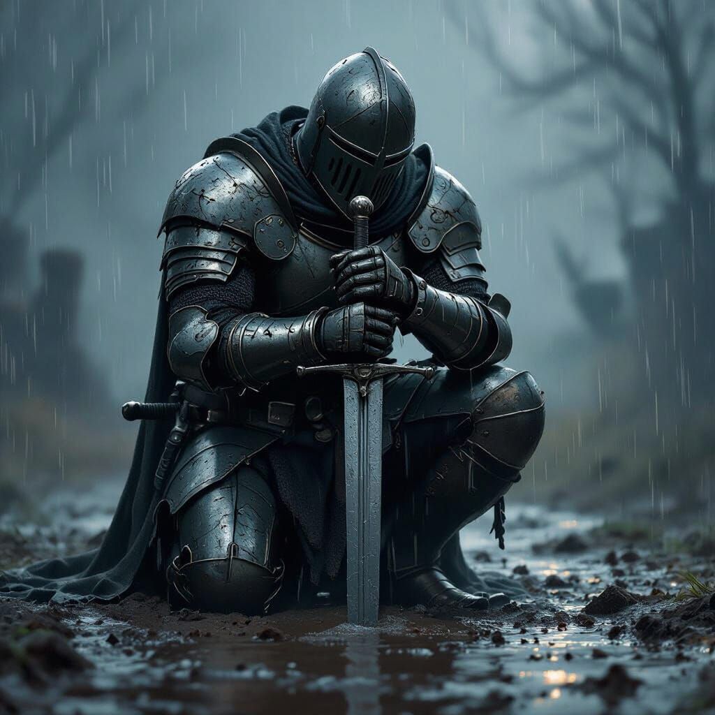 Knight Kneeling in Rain with Sword