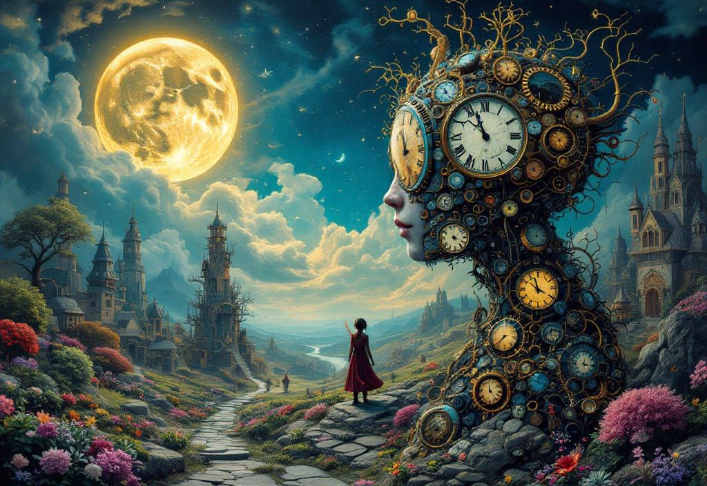 Steampunk Clockwork Humanoid in Surreal Wonderland