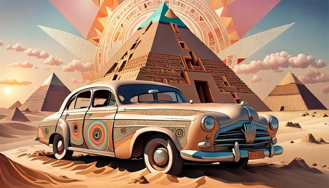 Old Car and Pyramid in Art Brut Style