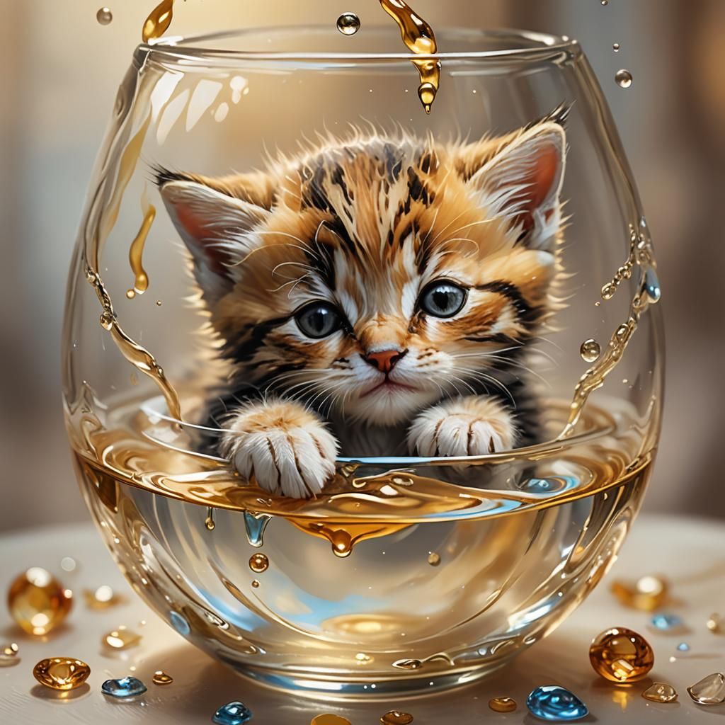 Kitten Sleeping in Glass Drop: Detailed Oil Painting