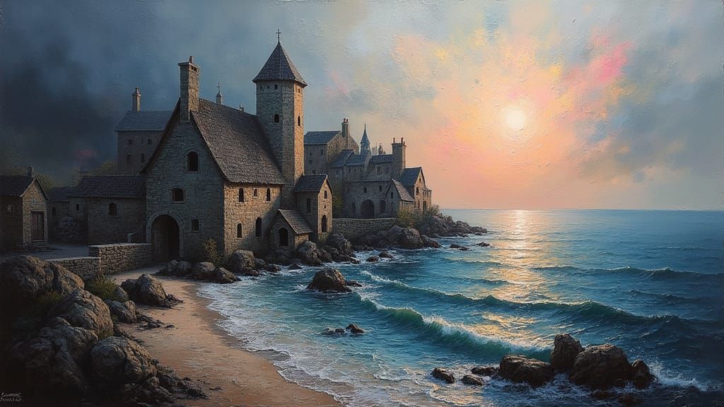 Ancient Village Emerges from Mystical Haze in 3D Oil Paintin...