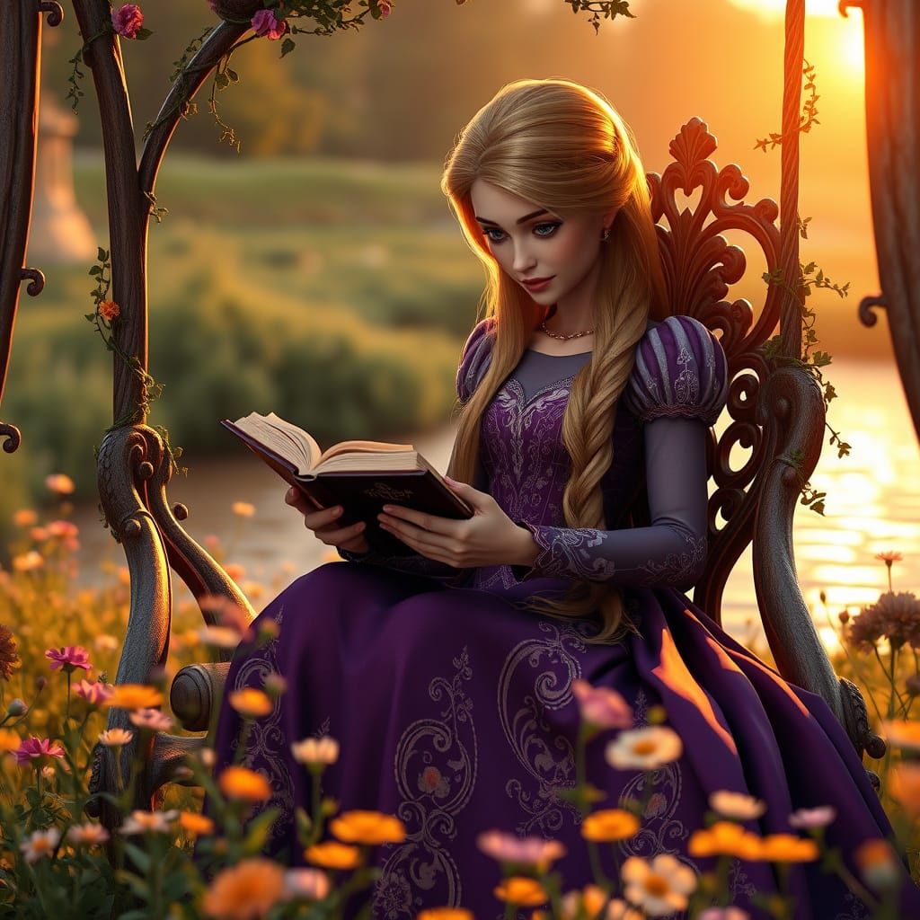 Regal Princess in Sunset Glory, Reading in a Floral Meadow