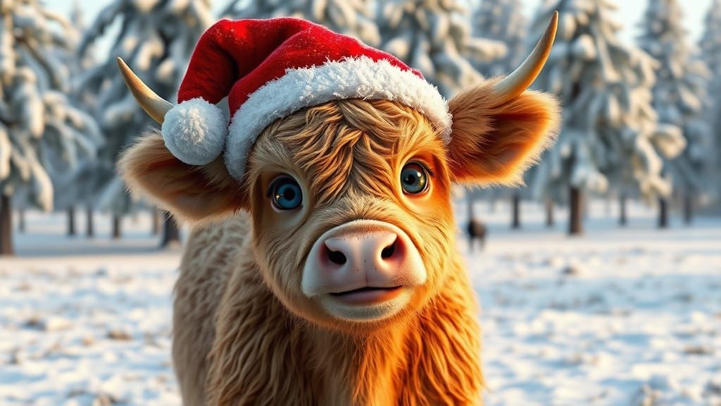 Gigantic Highland Calf in Santa Hat Sits in Snowy Field
