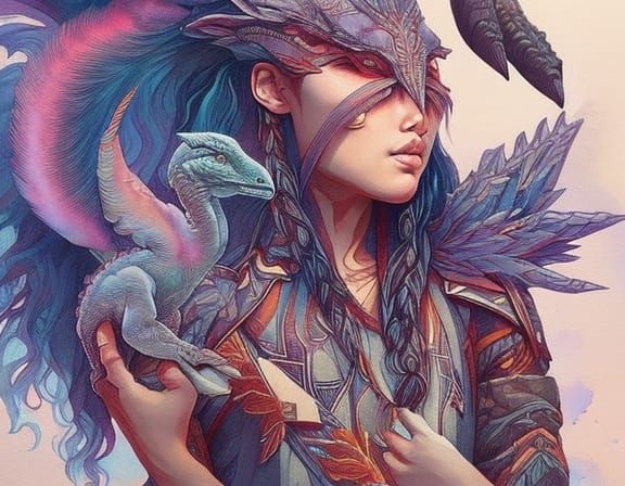 Prehistoric Shaman Feeding Velociraptor: Watercolor Illustra...