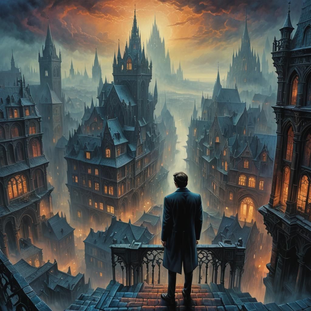 Kafkaesque Cityscape in Gothic Fantasy Style