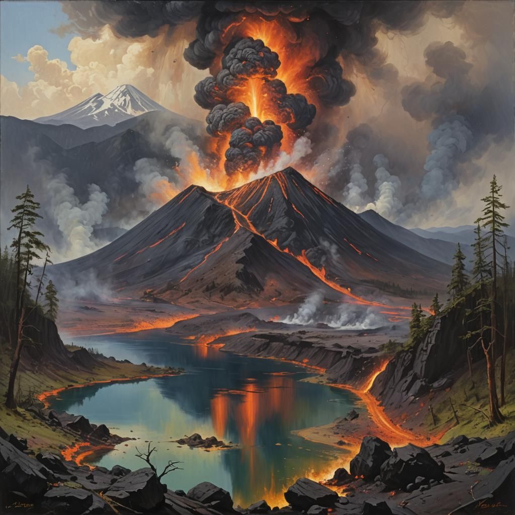 Volcanic Eruption by a Lake, Oil Painting