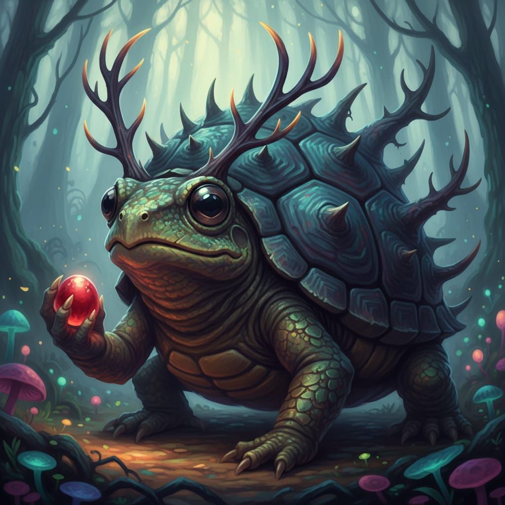 Hyperrealistic Frog-Tortoise Creature Holding Berry