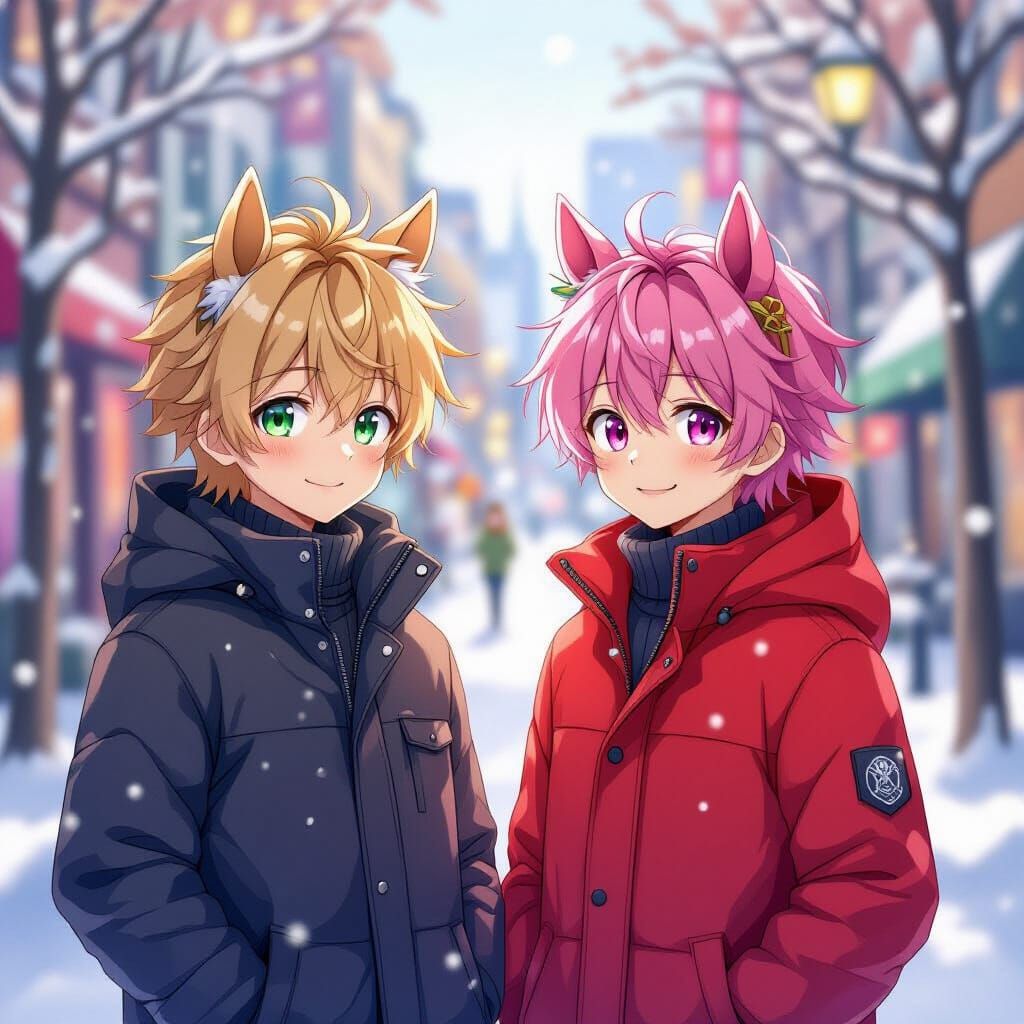 Anime Boys with Horse Ears on Snowy Street