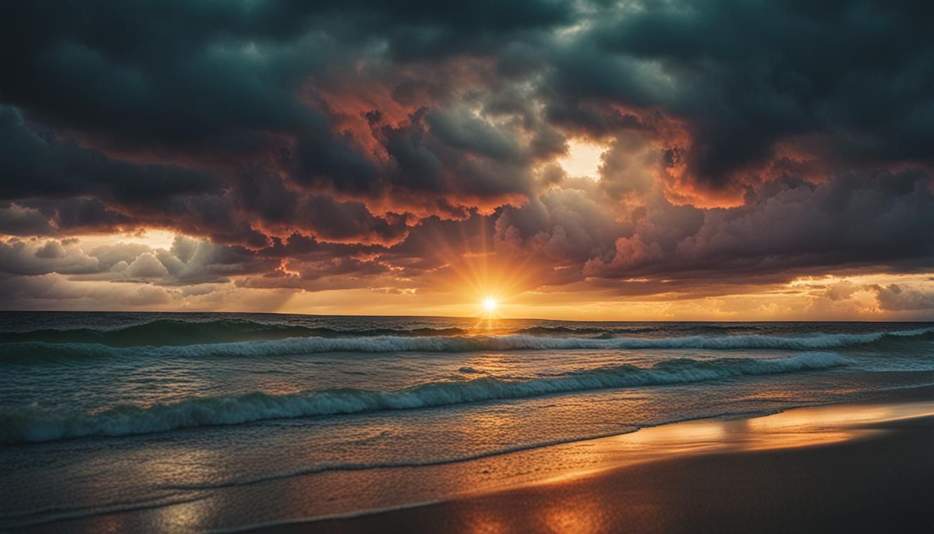 Dramatic Beach Sunset with Sunrays and Low Waves