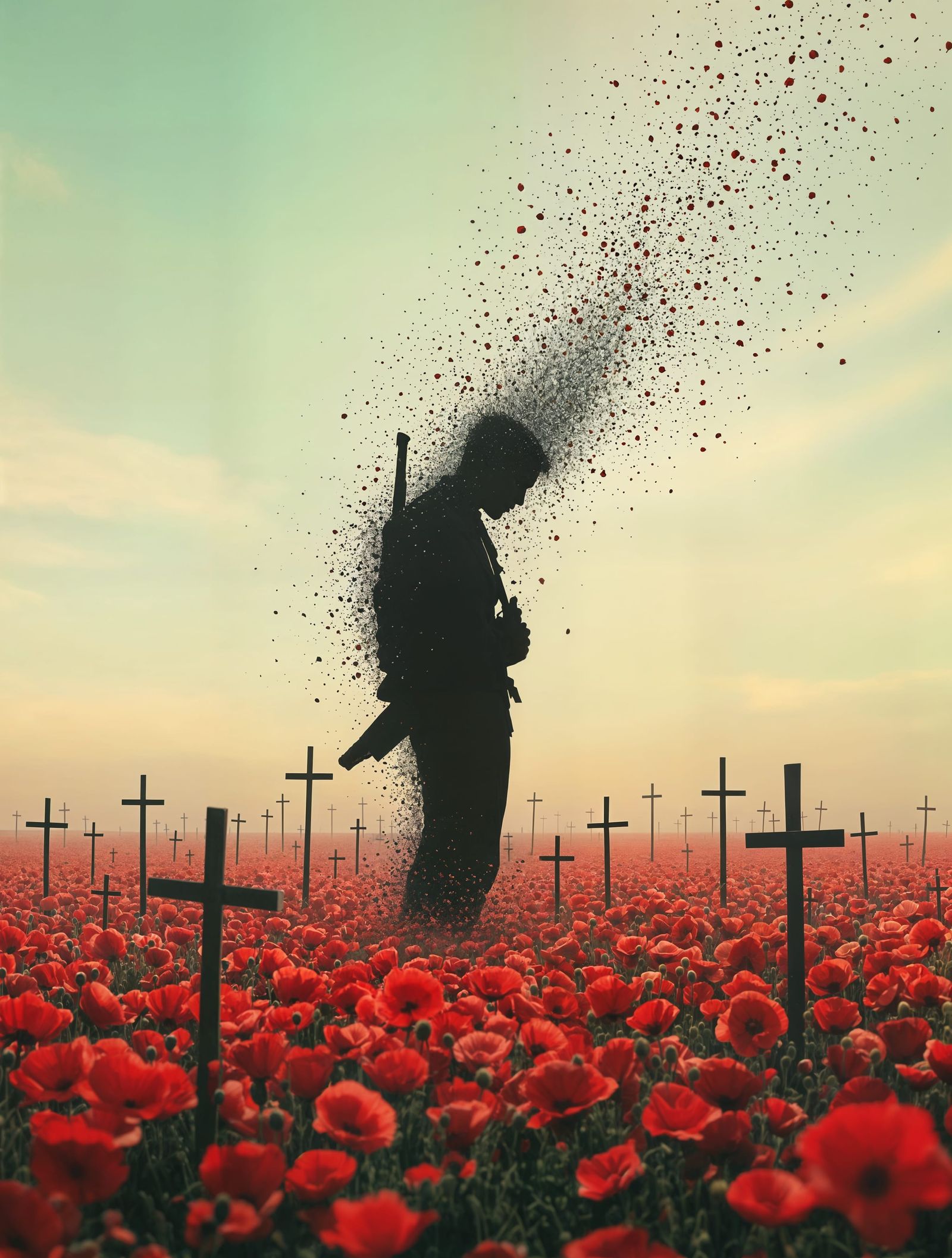 Ethereal Soldier Disintegrates into a Field of Red Poppies