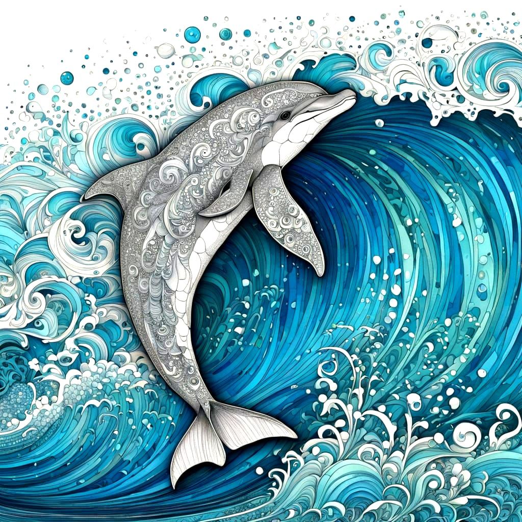 Vibrant Pointillism Style Dolphin in Shell Beach Scene