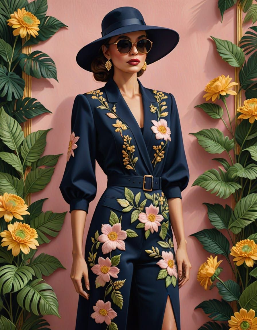 Chic Woman in Botanical Ensemble - 3D Illusion Art