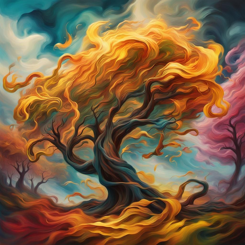 Stormy Trees in Surrealist Style with Swirling Leaves
