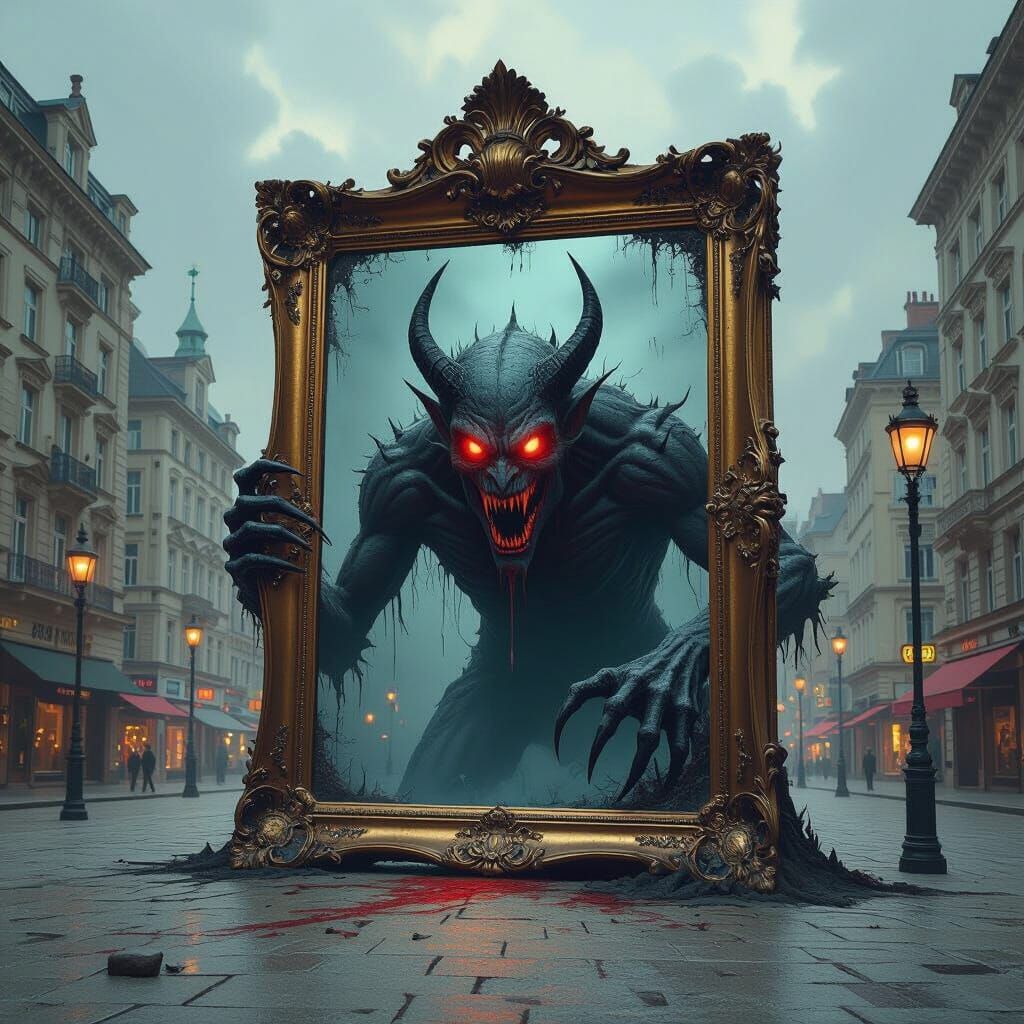 Surreal Demon Emerges From Mirror Into Modern Town Square