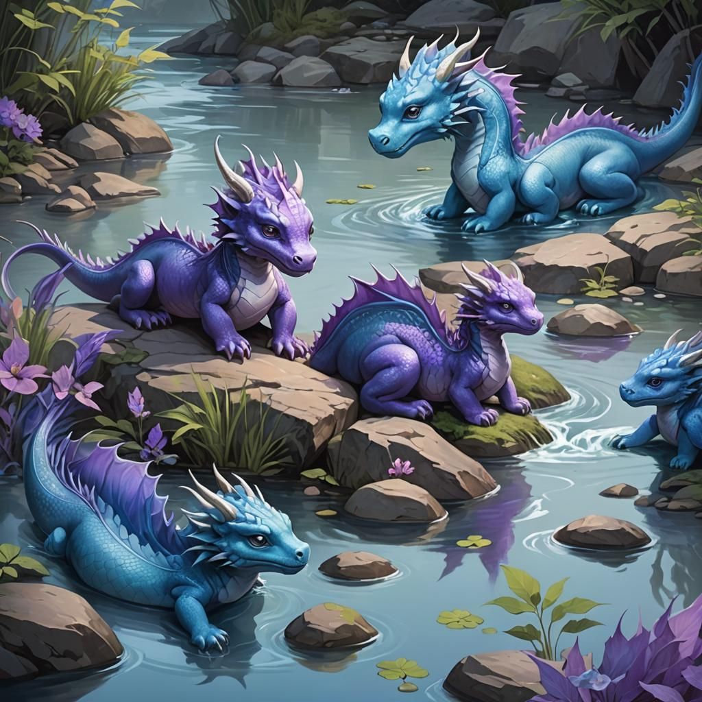 Dragon Mother Watches Drakelings Play in River