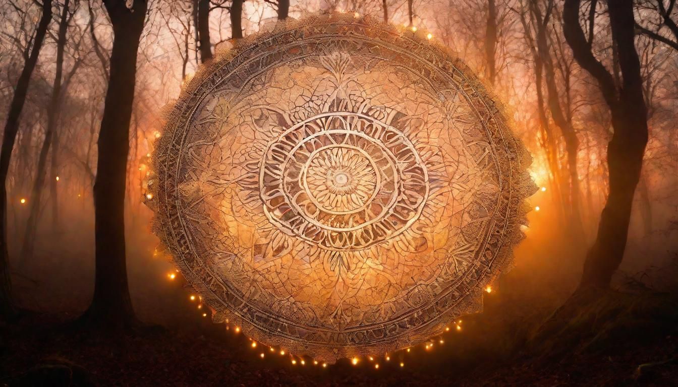 Ethereal Mandala in Misty Forest at Sunset
