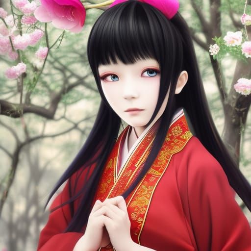 Beautiful Chinese Girl with Umbrella in Anime Style