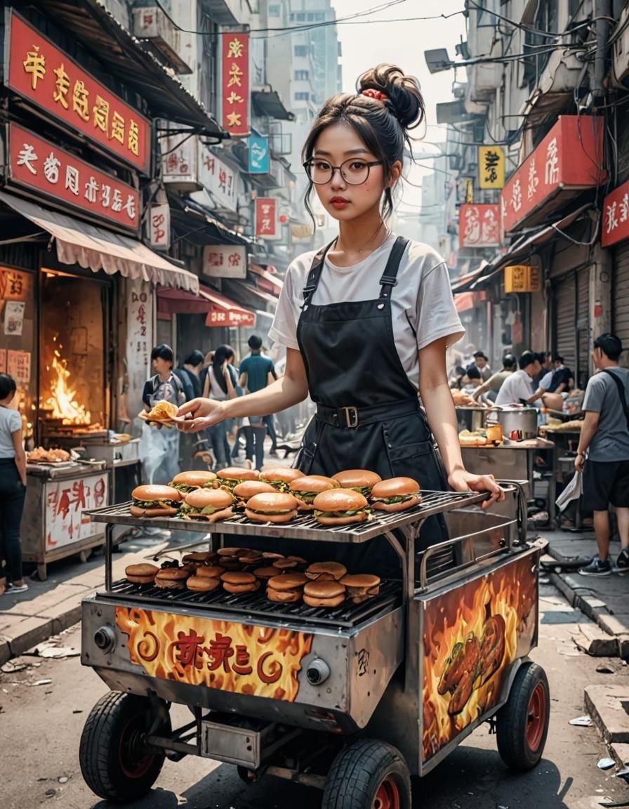 Nerdy Girl Burger Vendor in Dystopian China