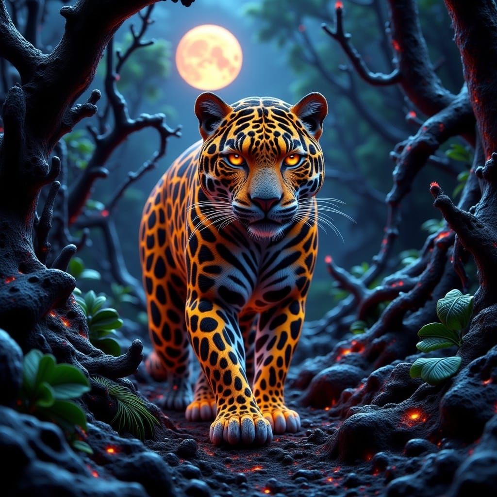 Fiery Jaguar in a Dark Jungle Night