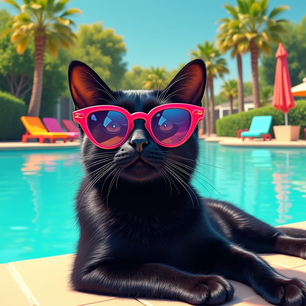 Sleek Cat Wears Retro Sunglasses by Turquoise Pool