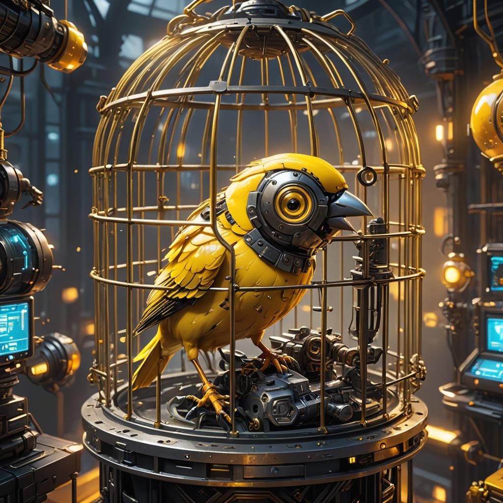 Cyborg Canary in Cage, Futuristic Artstation Style