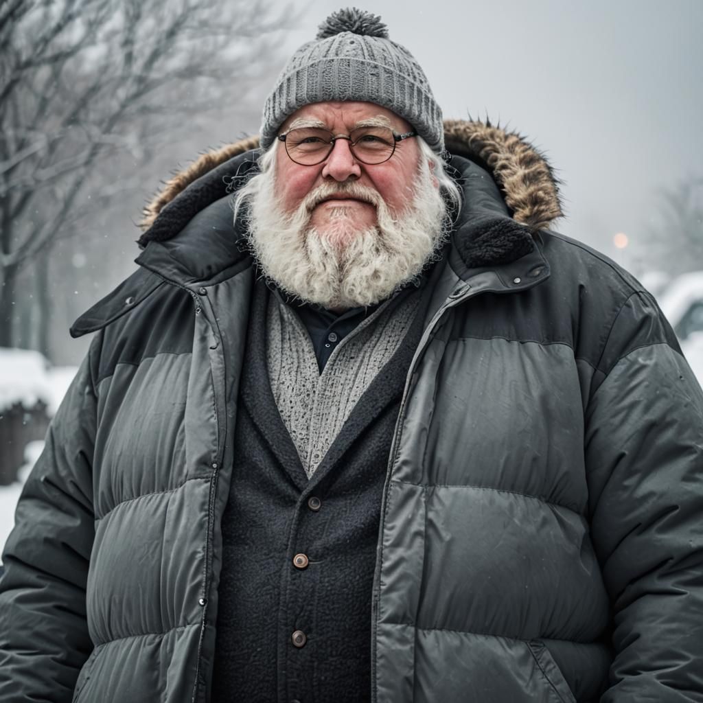 Obese Old Man with Winter Clothes and Beanie
