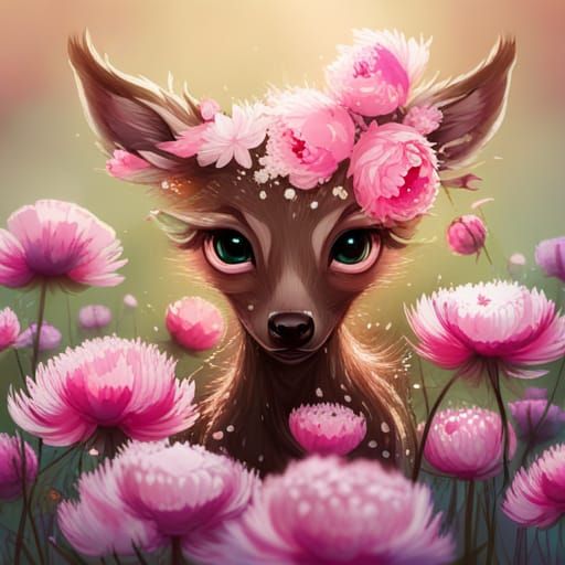 Peony-Covered Chibi Fawn, Detailed Digital Art