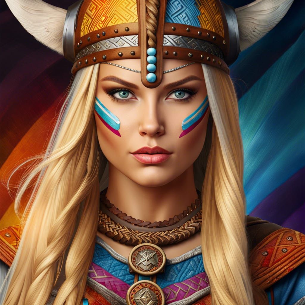 Viking Woman Portrait with Colorful Face Paint