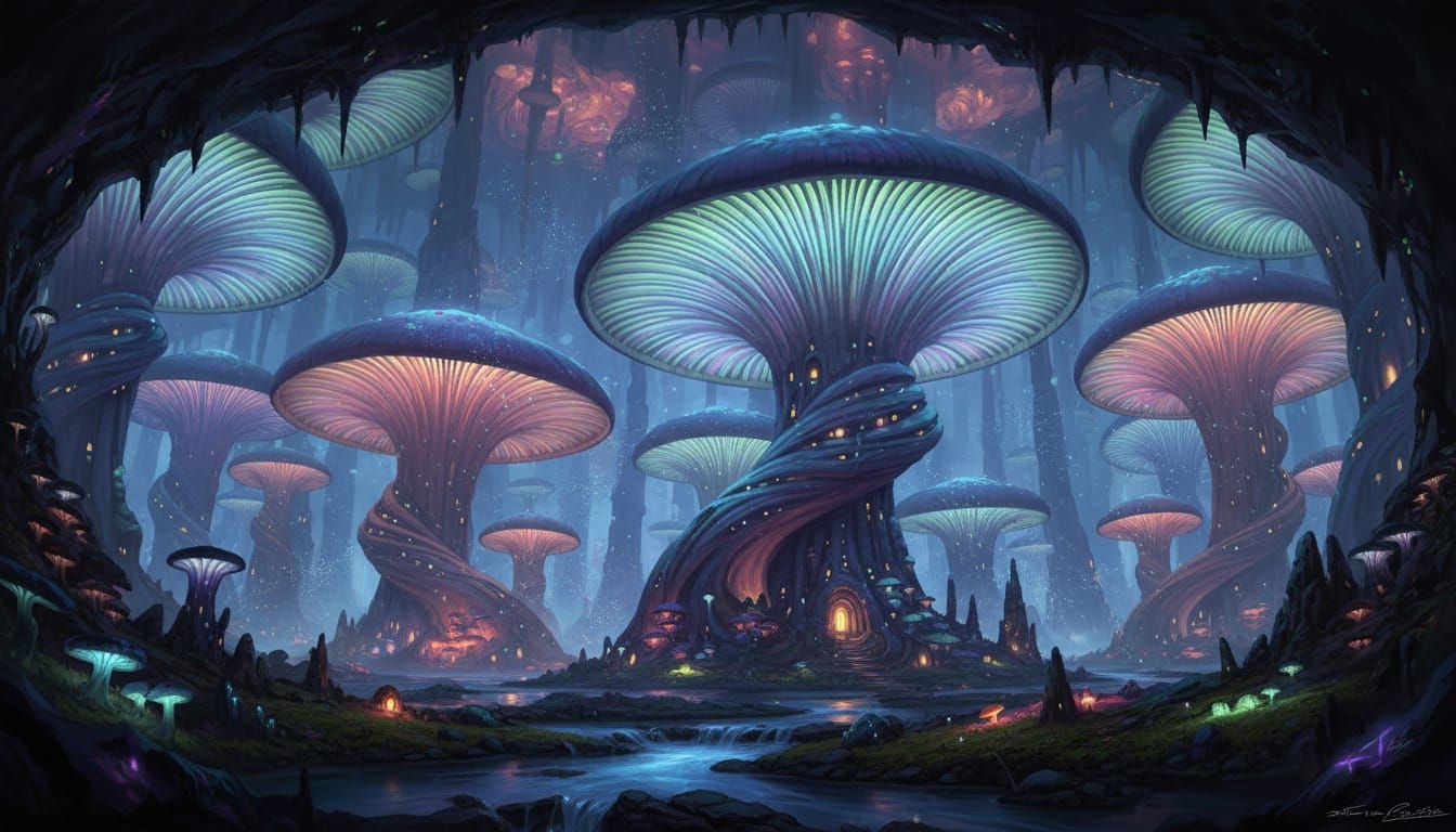 Bioluminescent Mushroom Kingdom in Hidden Cavern