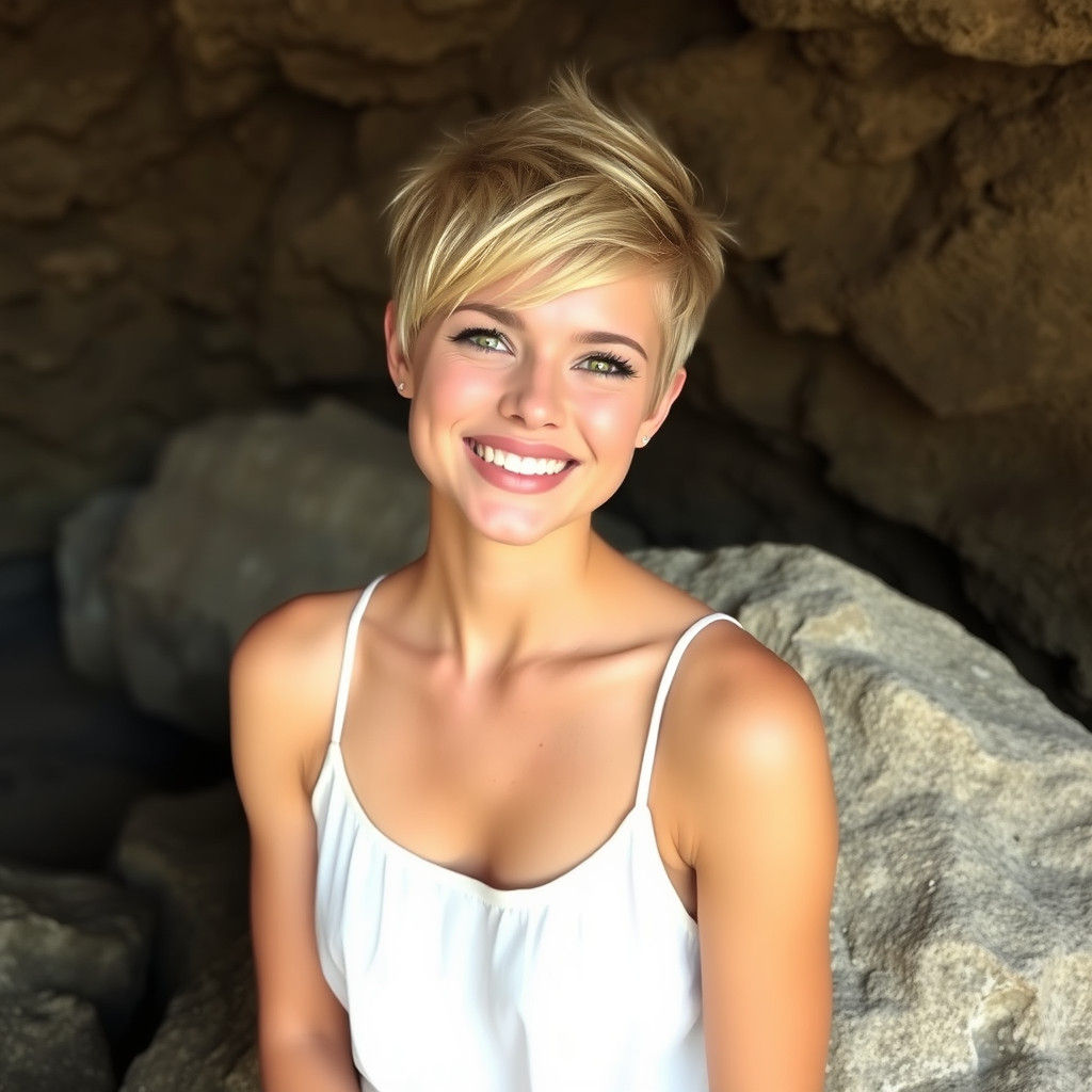 Blonde Woman Grinning in Cave