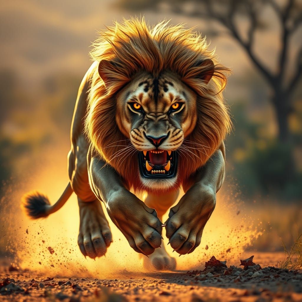 Lion in Mid-Pounce, Hyperrealistic Art