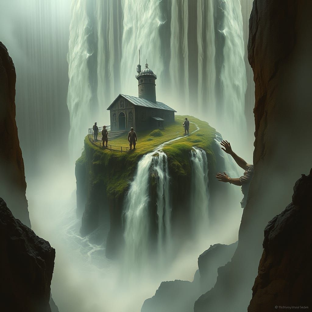 Dieselpunk Prison Island Waterfall in Magic Realism Style