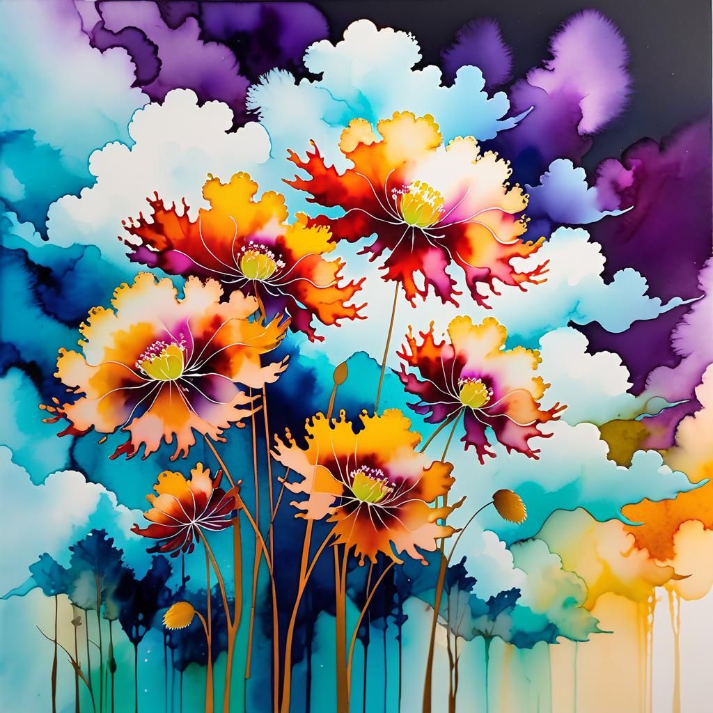 Fluffy Cloud Flowers in Alcohol-Ink Style