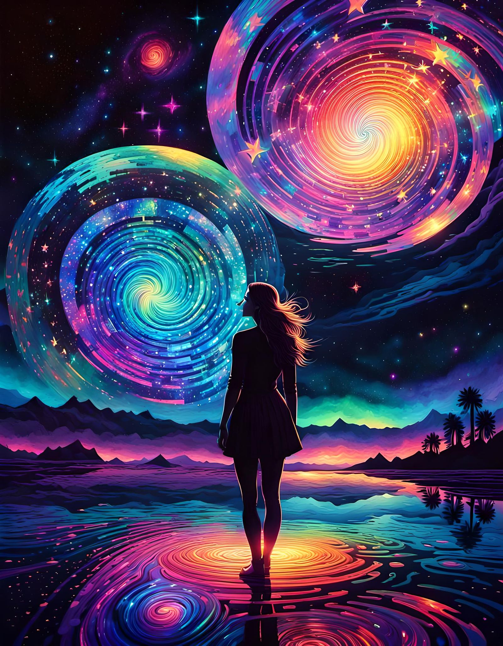 Holographic Girl in Fluorescent Cosmos: UV-Reactive Art