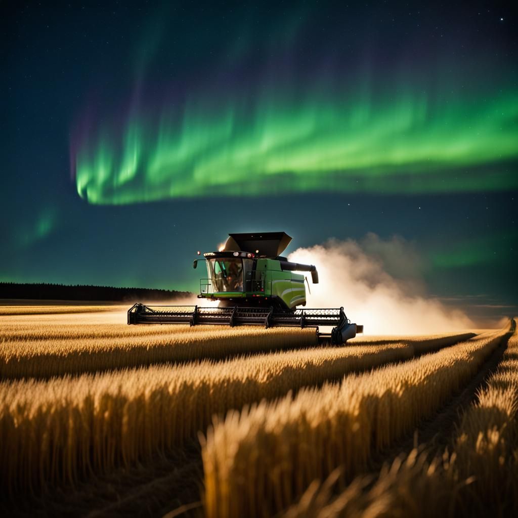 Combine Harvester at Night Under Northern Lights