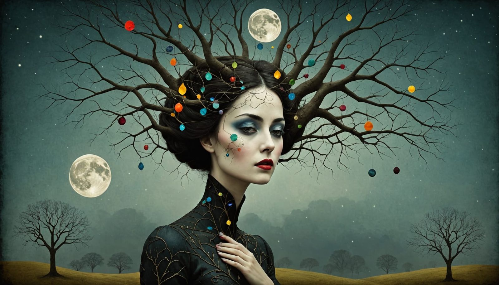 Surreal Tree Woman and Moonlit Gemstones
