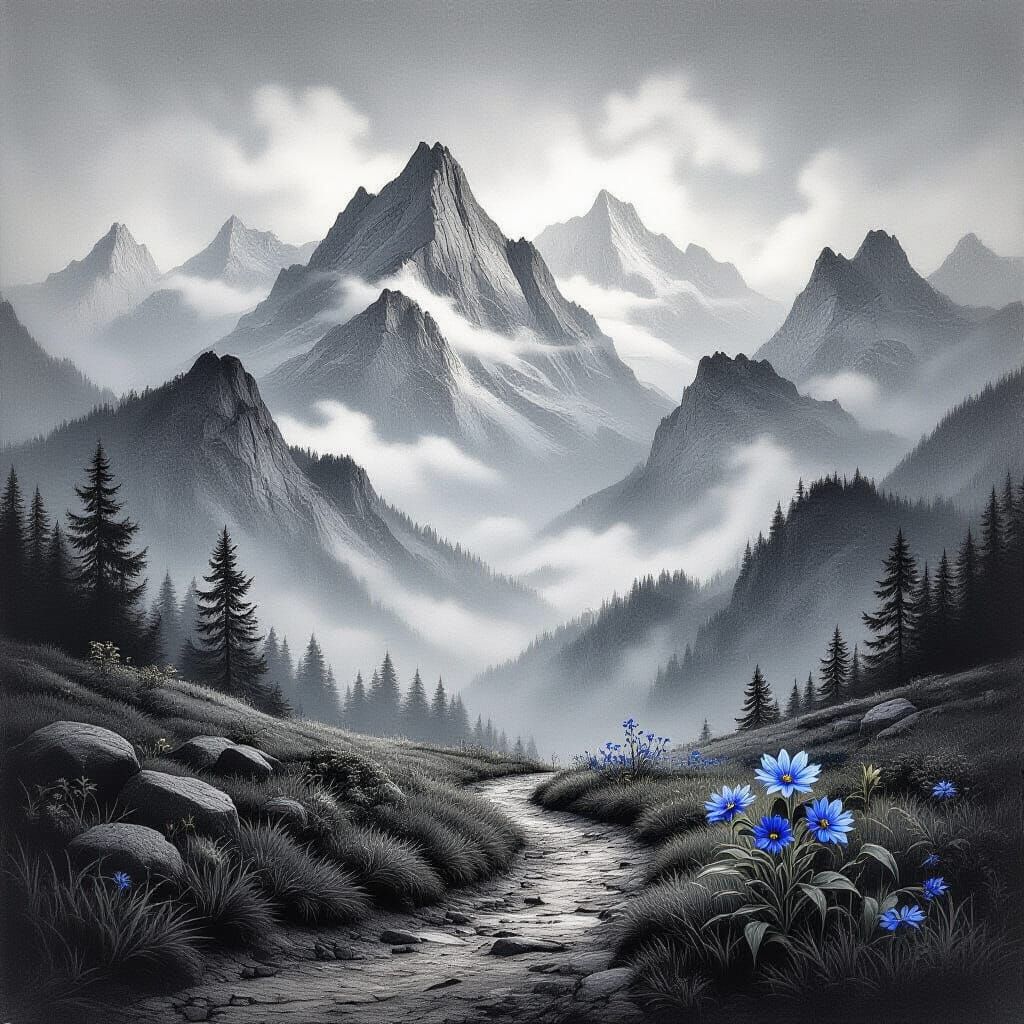 Serene Mountain Landscape in Detailed Pencil Drawing Style