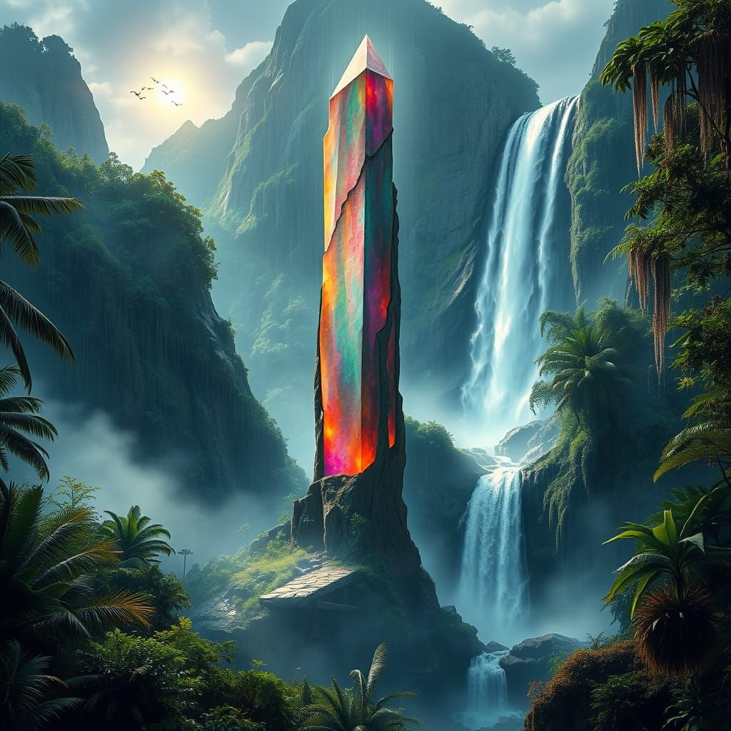 Lush Rainforest: Crystalline Tower in Sunlight