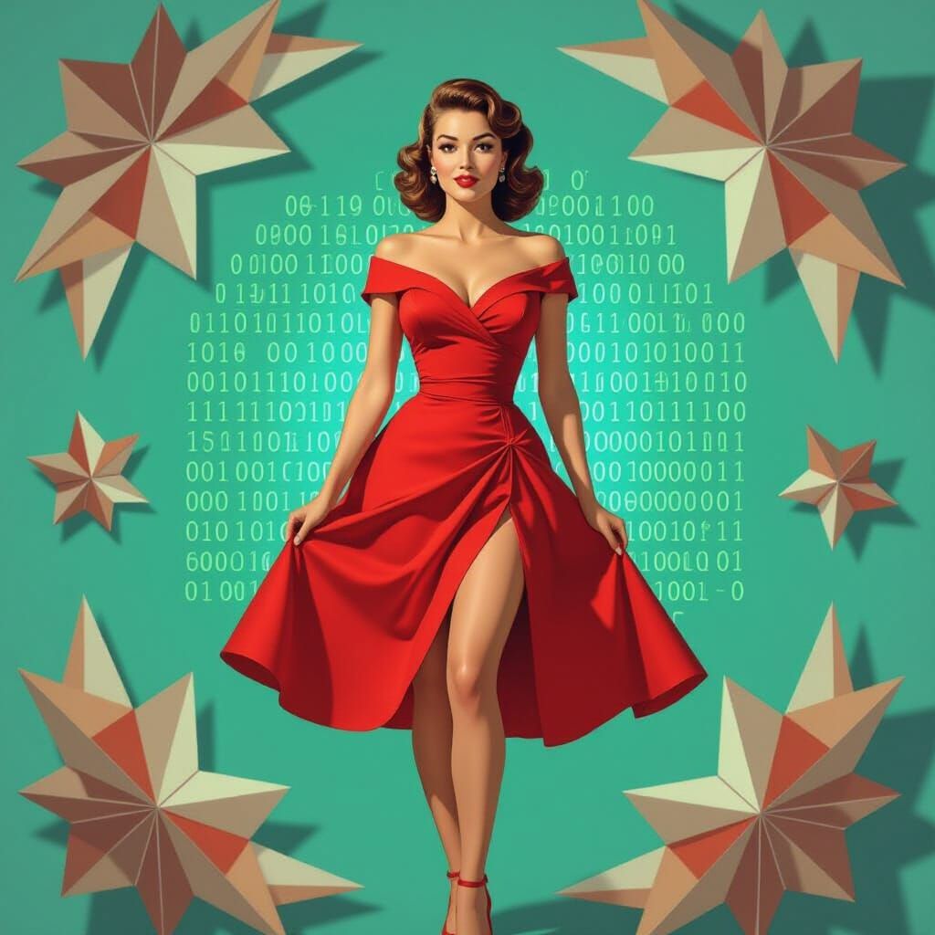 1950s Pin-Up with Holographic Digital Code Matrix