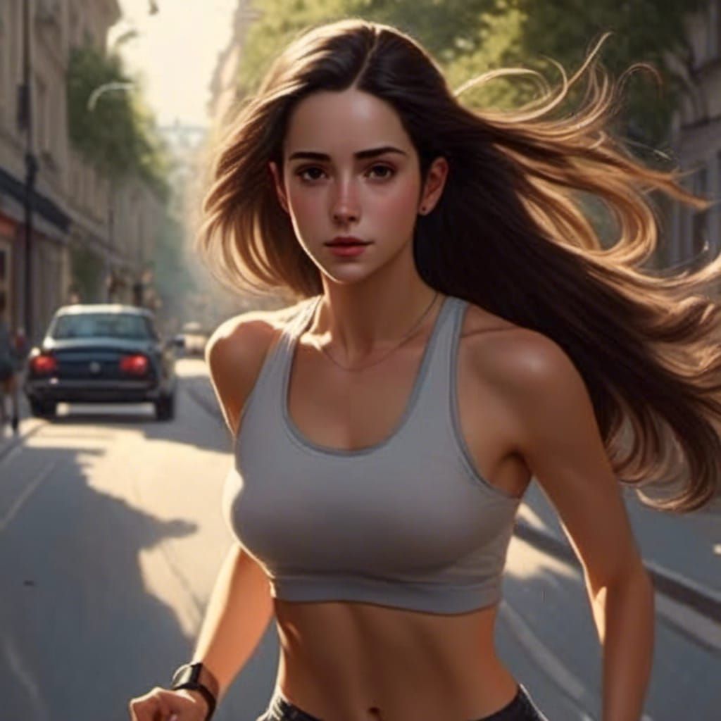 Beautiful Woman Jogging in Hyperrealistic Style