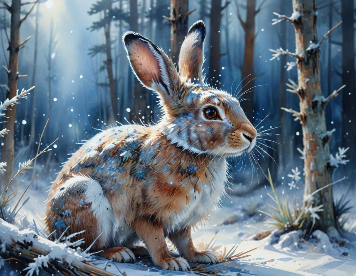 Dreamy Watercolor Snowshoe Hare in Winter Forest