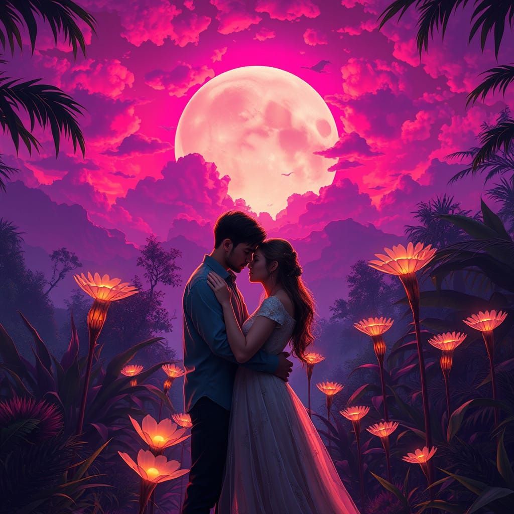 Couple Embracing Under Vibrant, Mystical Skies